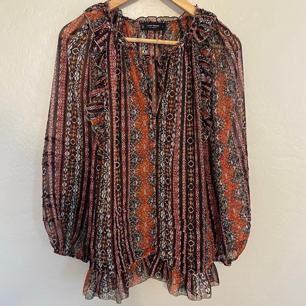 Lucky Brand Sheer Chiffon Peasant Top Ruffles Boho Womens Size Small FLAW